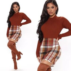 Fashion Nova Plaid Pencil Skirt in Red, Brown, and White